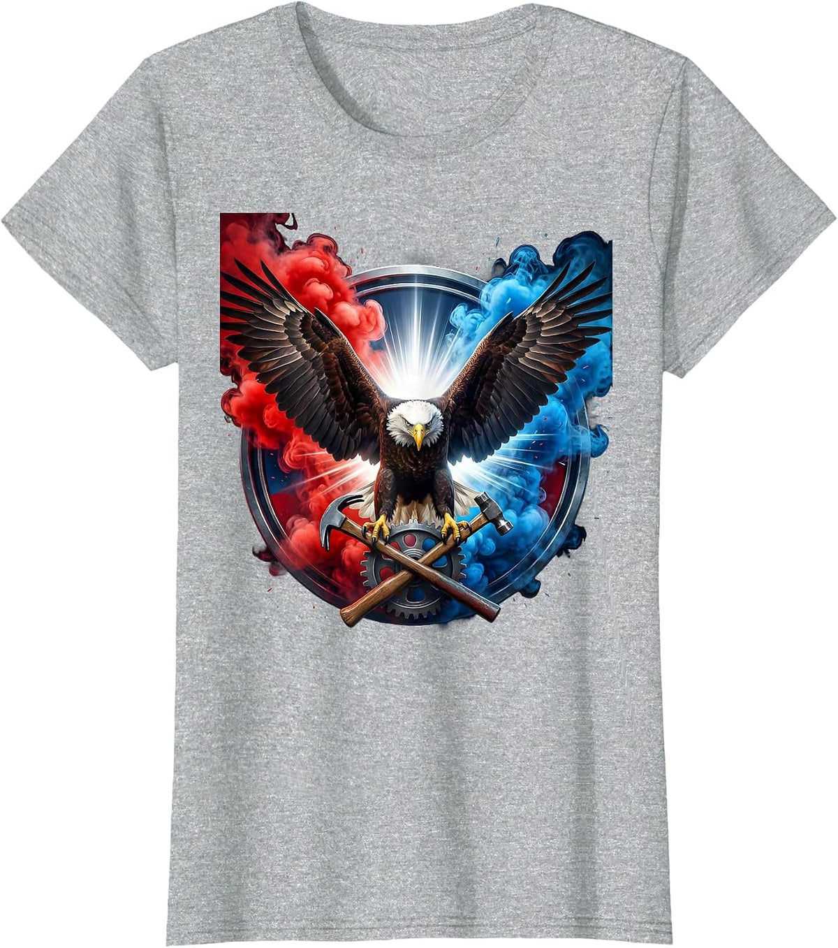 Women's Patriotic Bald Eagle Gear and Hammer Graphic T-Shirt - Heather Grey