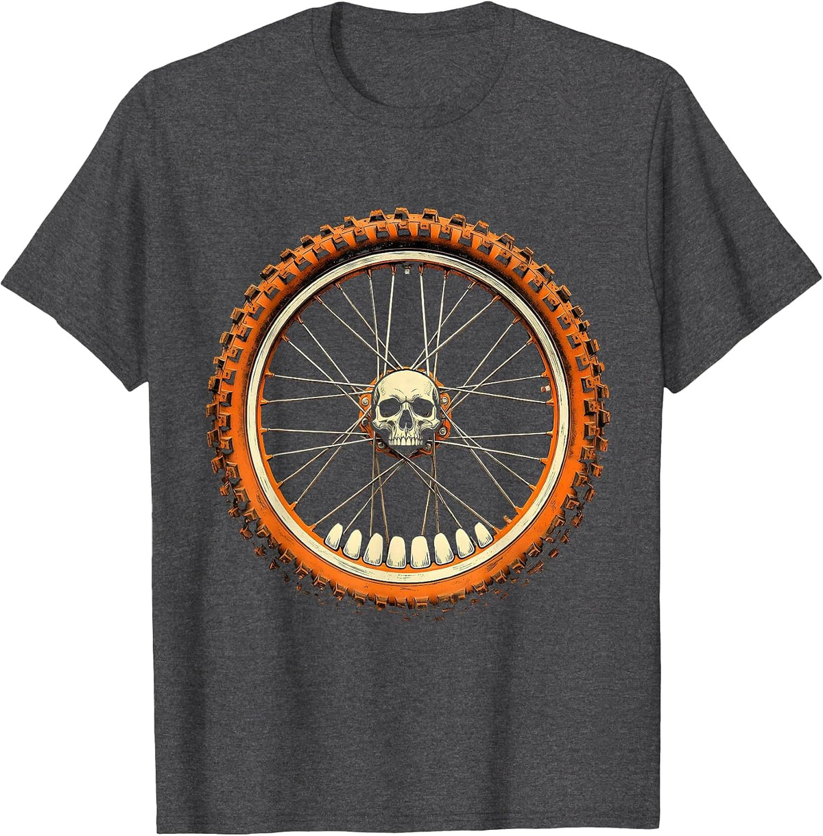 Dirt Bike Skull Wheel Graphic Tee T-Shirt - Dark Heather Grey