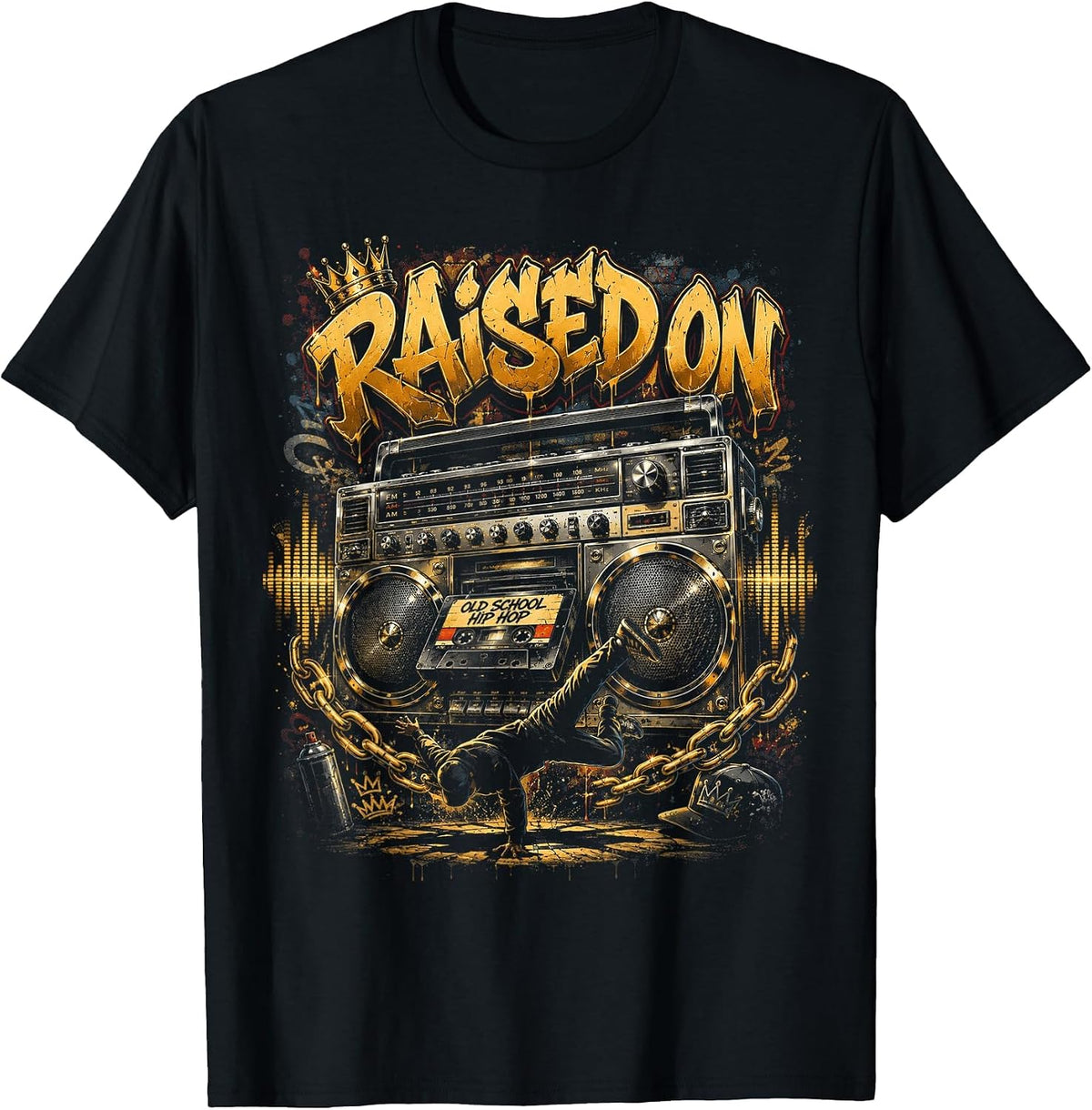 Raised On Old School Hip Hop Cassette Graffiti Rap T-Shirt - Black