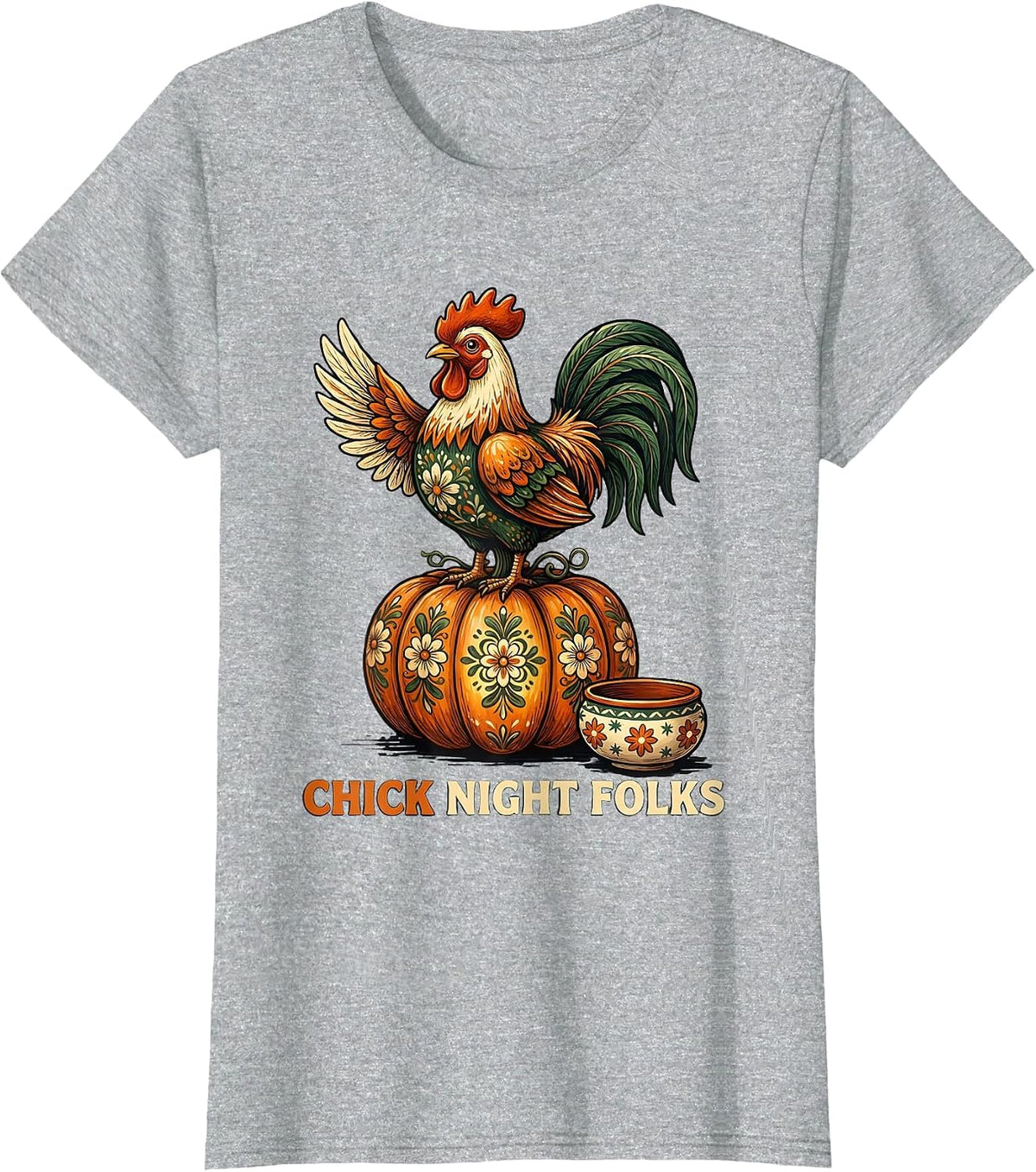Chick Night, Folks Funny Folk Art Halloween Chicken Lover T-Shirt - Heather Grey