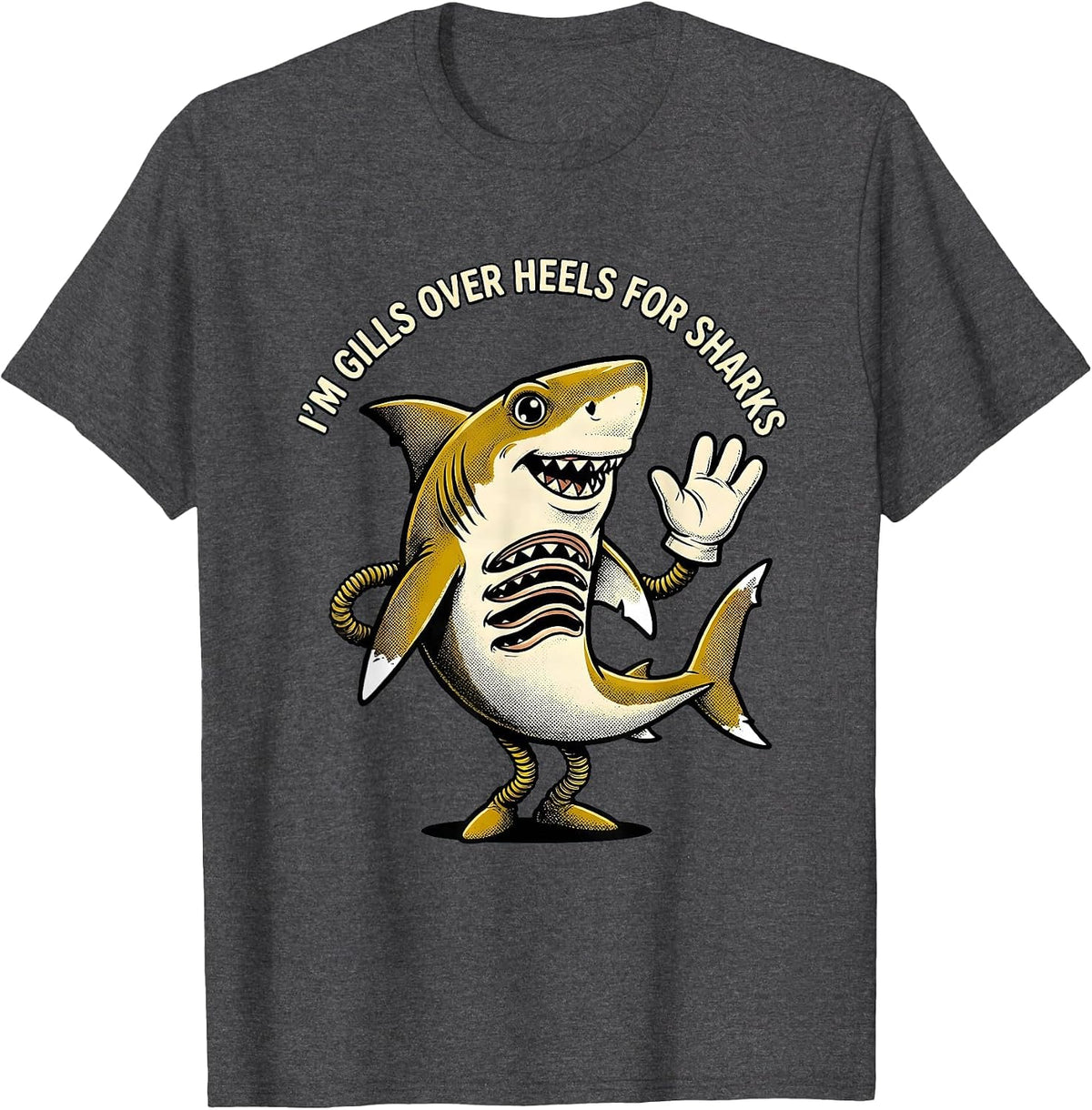 I'm Gills Over Heels For Sharks Retro Cartoon Ocean Animal T-Shirt - Dark Heather Grey