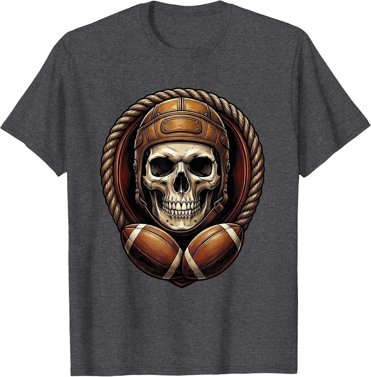 Skull Rugby Scrum Cap Graphic Tee T-Shirt - Dark Heather Grey