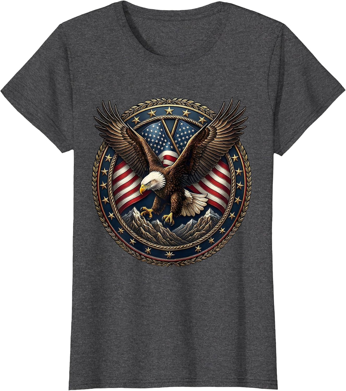 Women's Bald Eagle Soaring Over Mountain Range T-Shirt - Dark Heather Grey