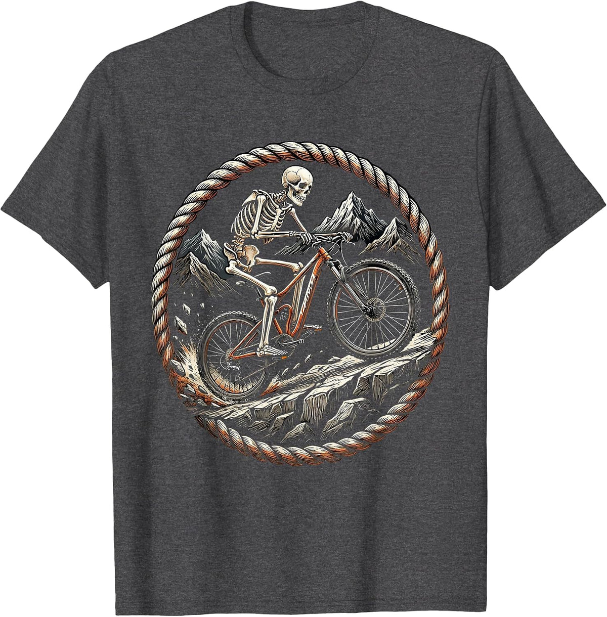 Mountain Biker Skeleton Shredding Rocky Descent T-Shirt - Dark Heather Grey