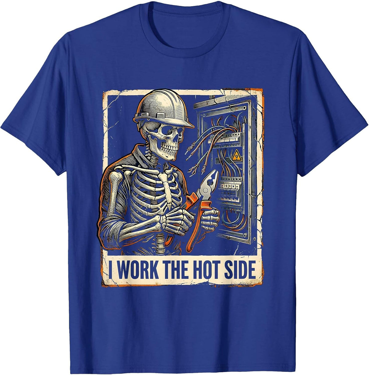 I Work The Hot Side Funny Skeleton Electrician Lineman T-Shirt - Royal Blue
