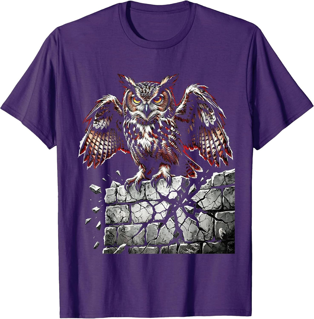 Owl on Crumbling Stone Wall Free Speech Design T-Shirt - Purple