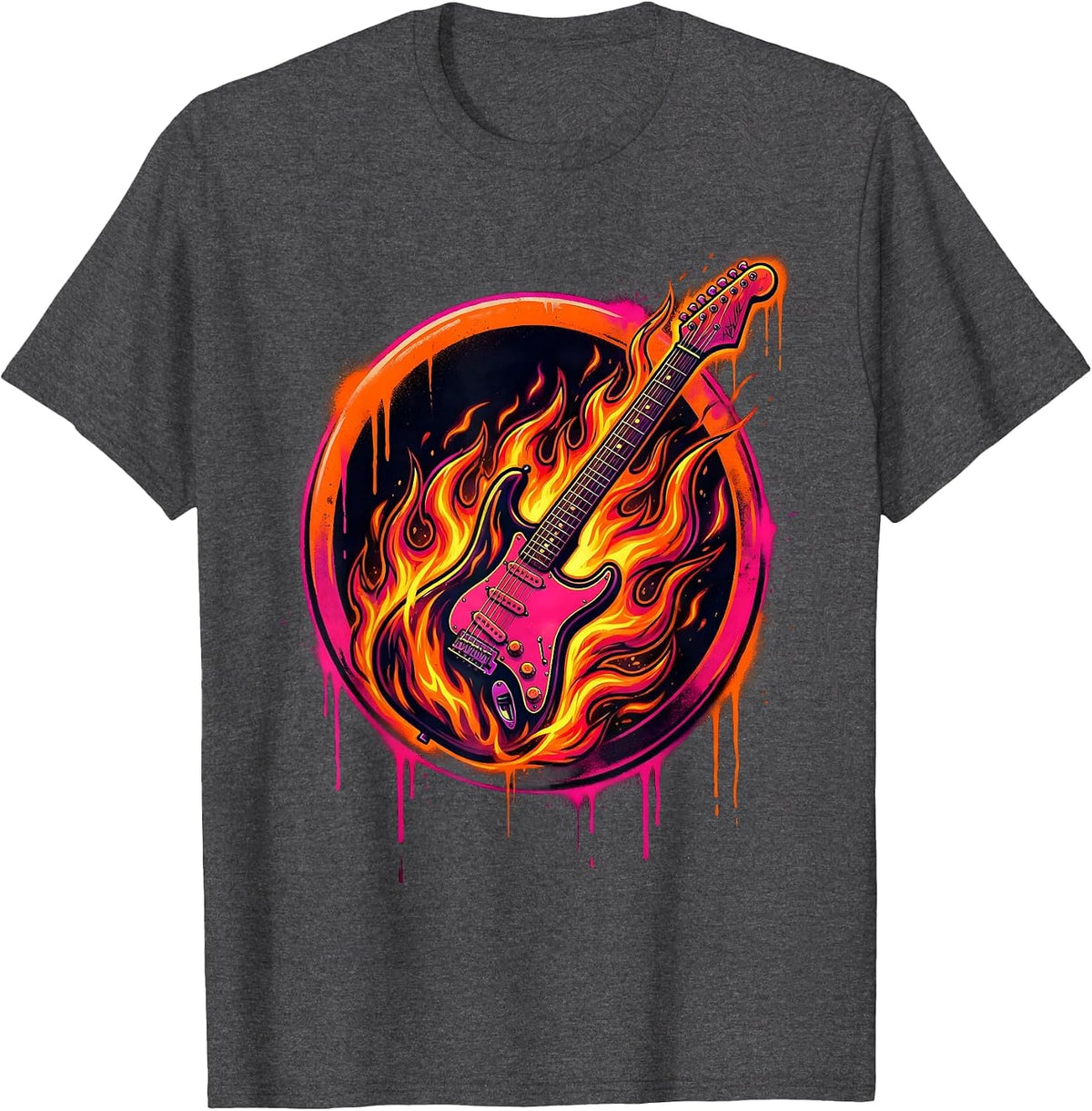 Flaming Electric Guitar Rock Band Graphic T-Shirt - Dark Heather Grey