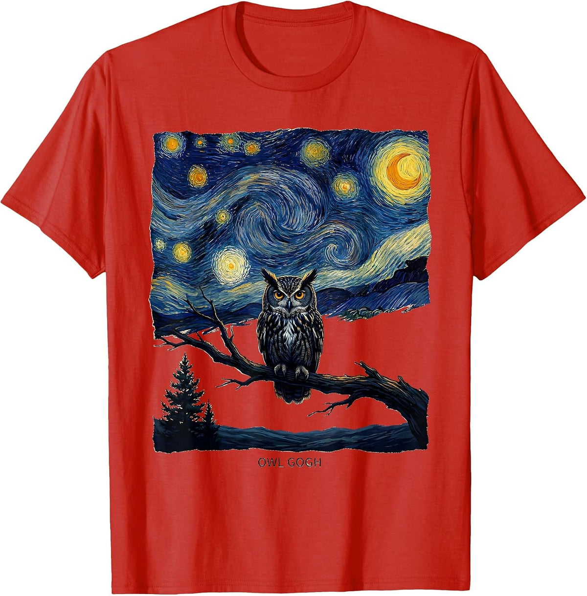 Men's Owl Gogh Whimsical Van Gogh Starry Night Animal Lover T-Shirt - Red