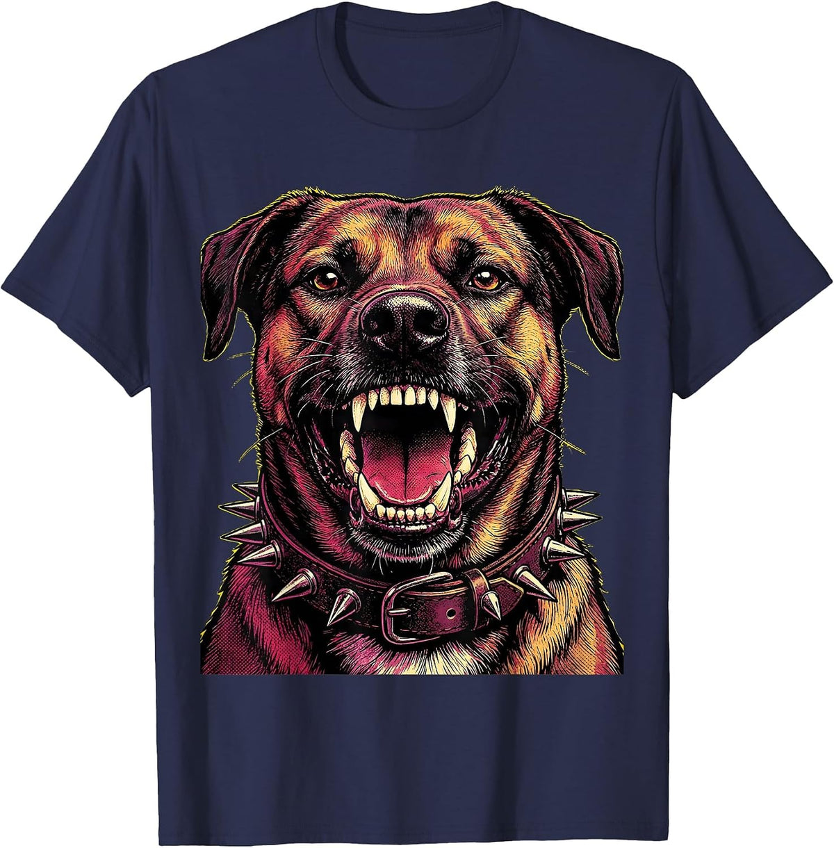 Snarling Punk Dog Studded Collar Graphic Design T-Shirt - Navy Blue