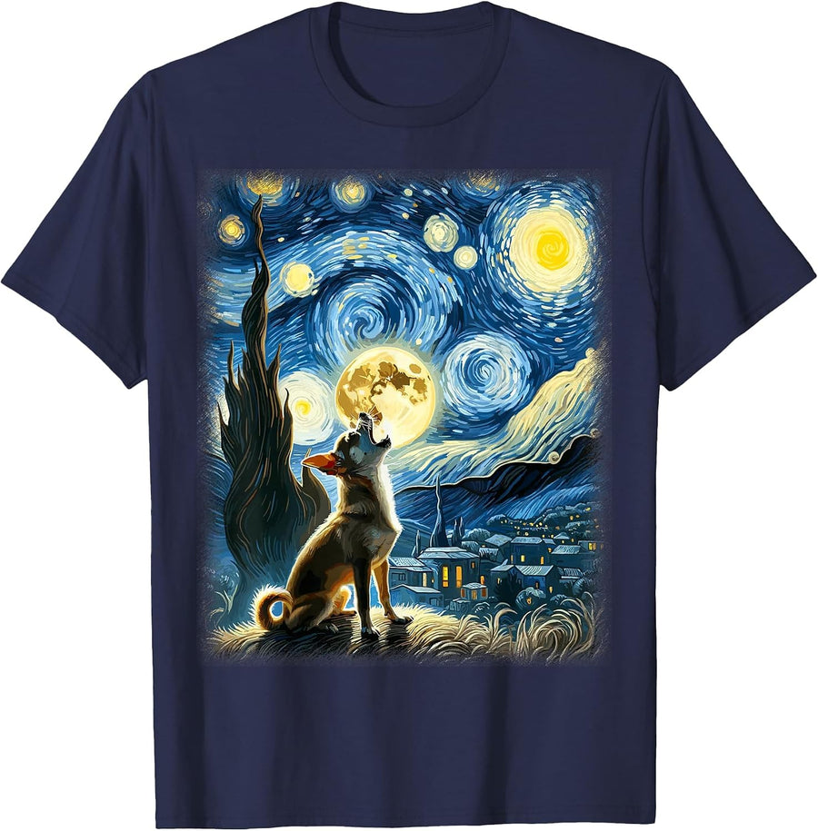 Howling Moon Artistic Pet Lover Scene Starry Night Chihuahua T-Shirt - Navy Blue