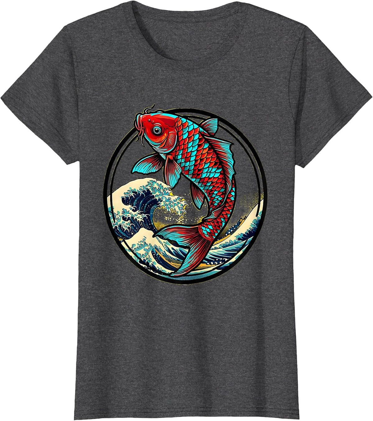 Women's Koi Fish Leaping Waves Japanese Anime Art T-Shirt - Dark Heather Grey