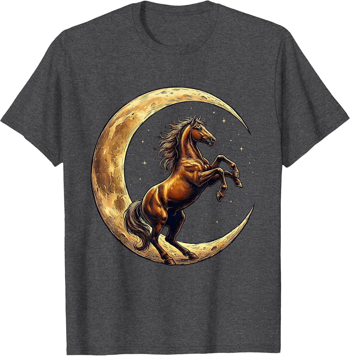 Rearing Horse Crescent Moon Celestial Art Design T-Shirt - Dark Heather Grey