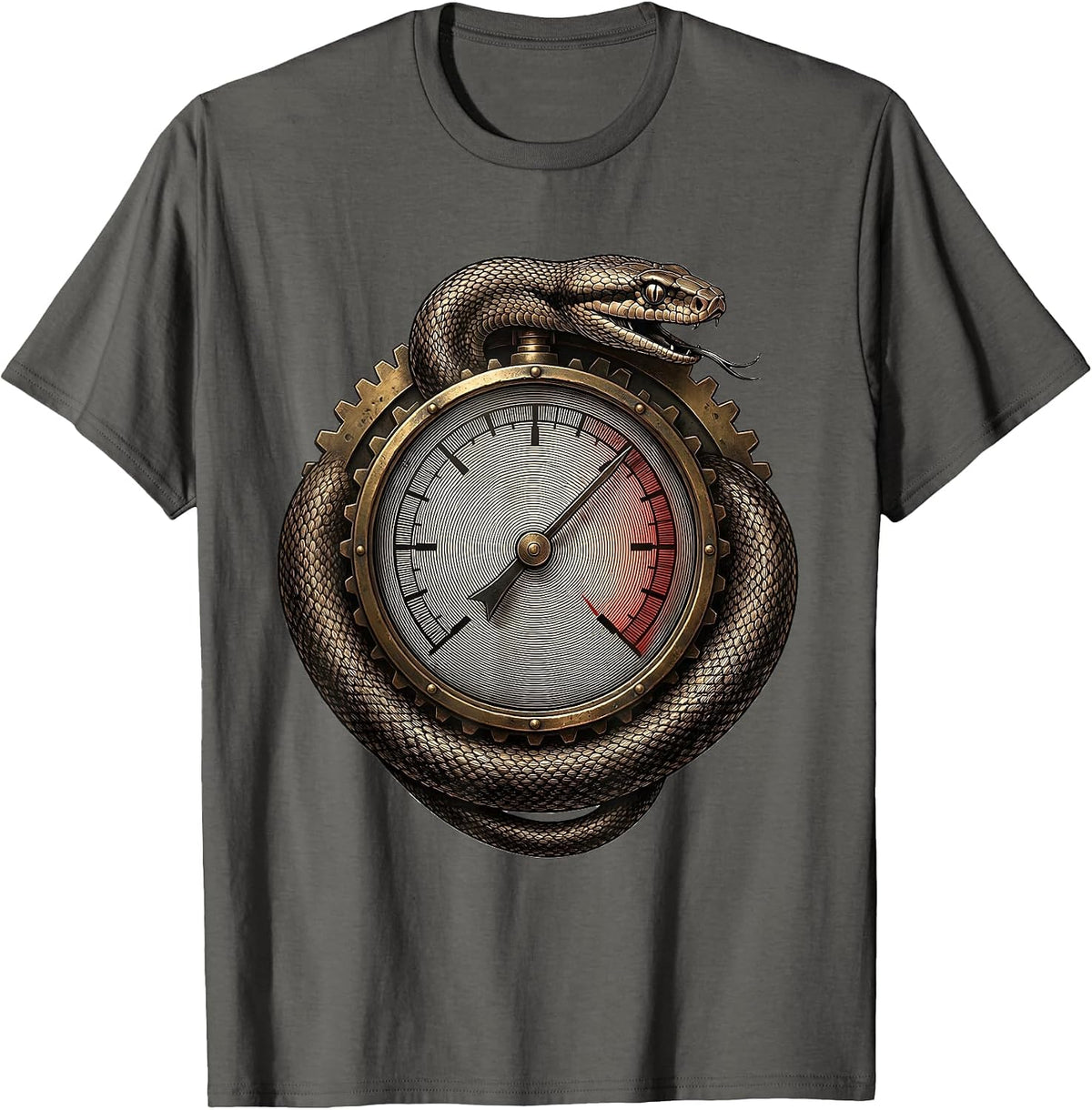 Steampunk Snake and Pressure Gauge Illustration T-Shirt - Asphalt Grey