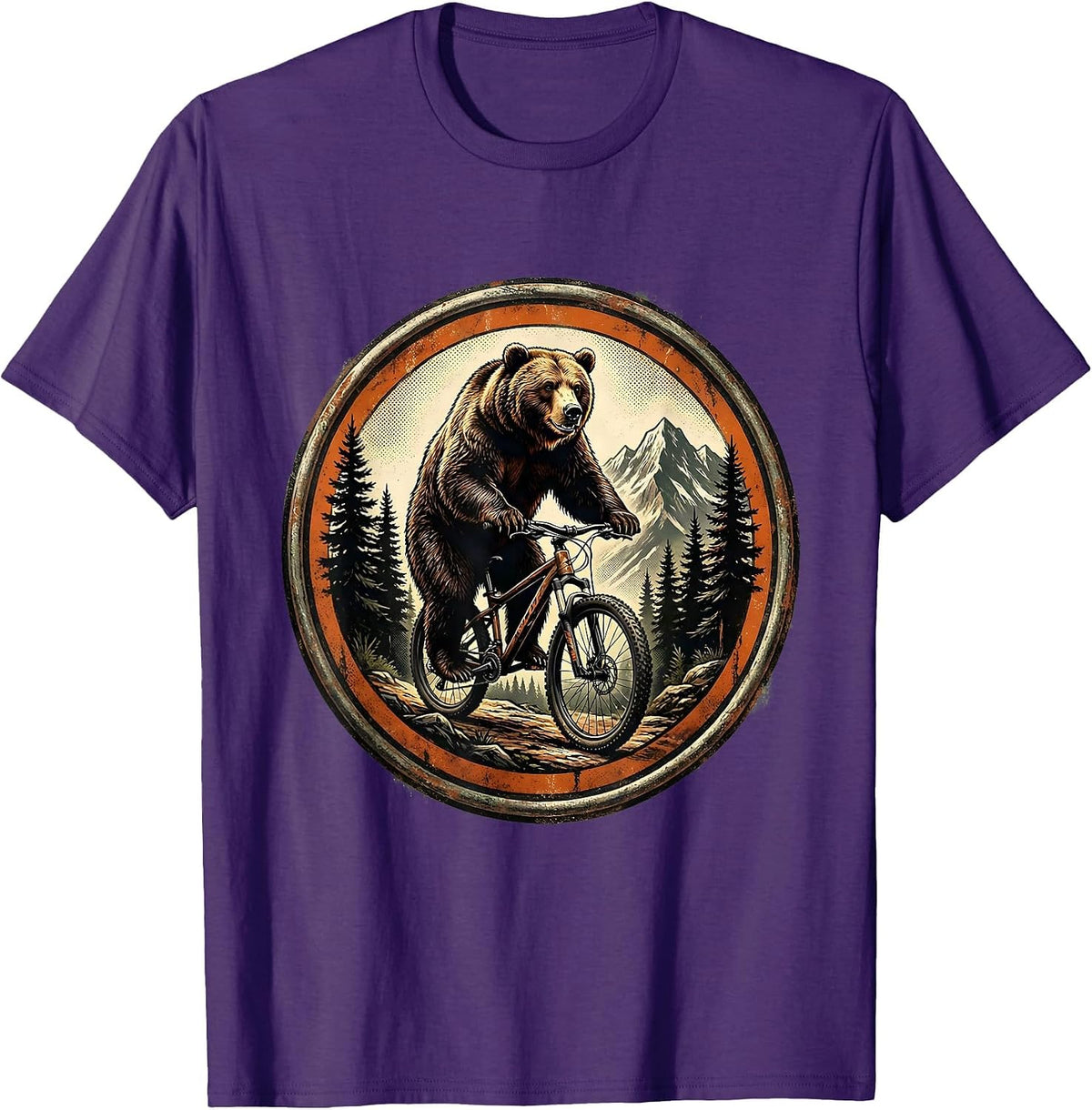 Bear on Mountain Bike Forest Trail Graphic T-Shirt - Purple