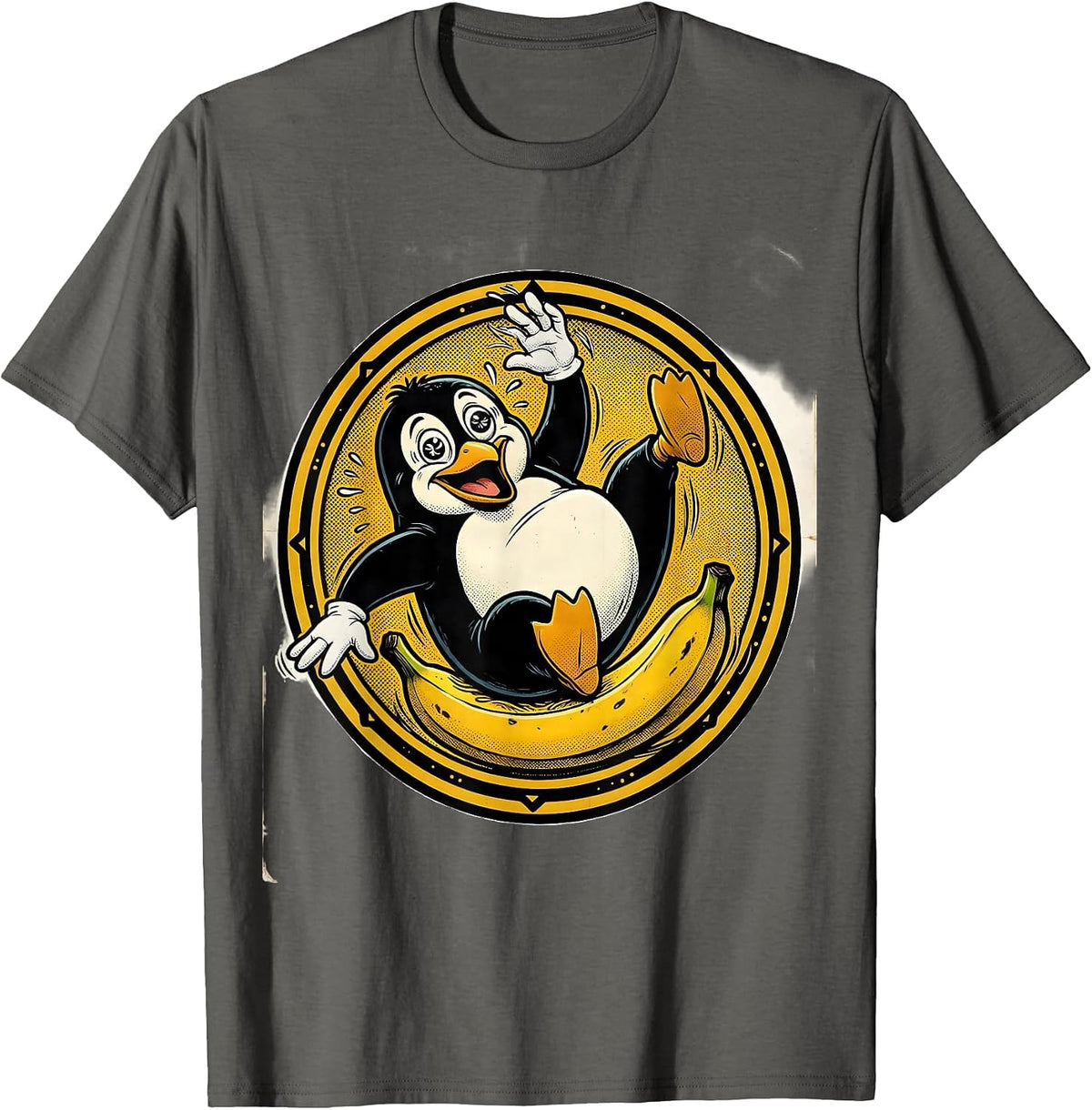 Men's Funny Penguin Slipping on Banana Peel T-Shirt - Asphalt Grey