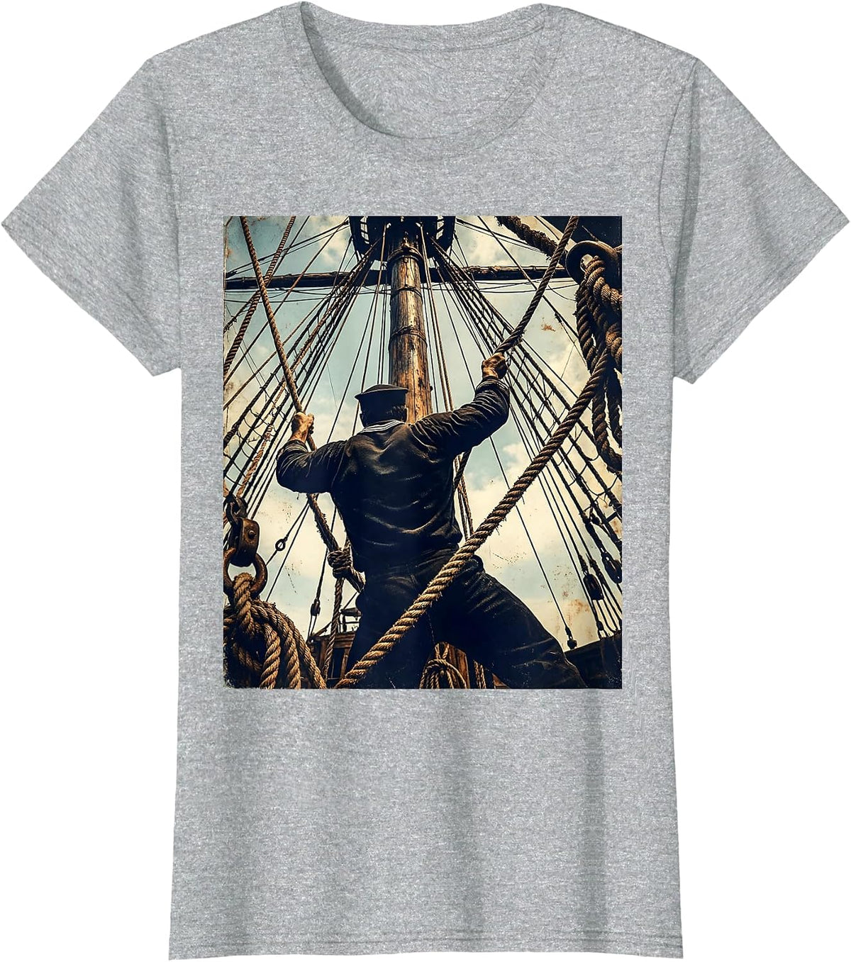 Muscular Sailor Climbing Ship Rigging Graphic T-Shirt - Heather Grey