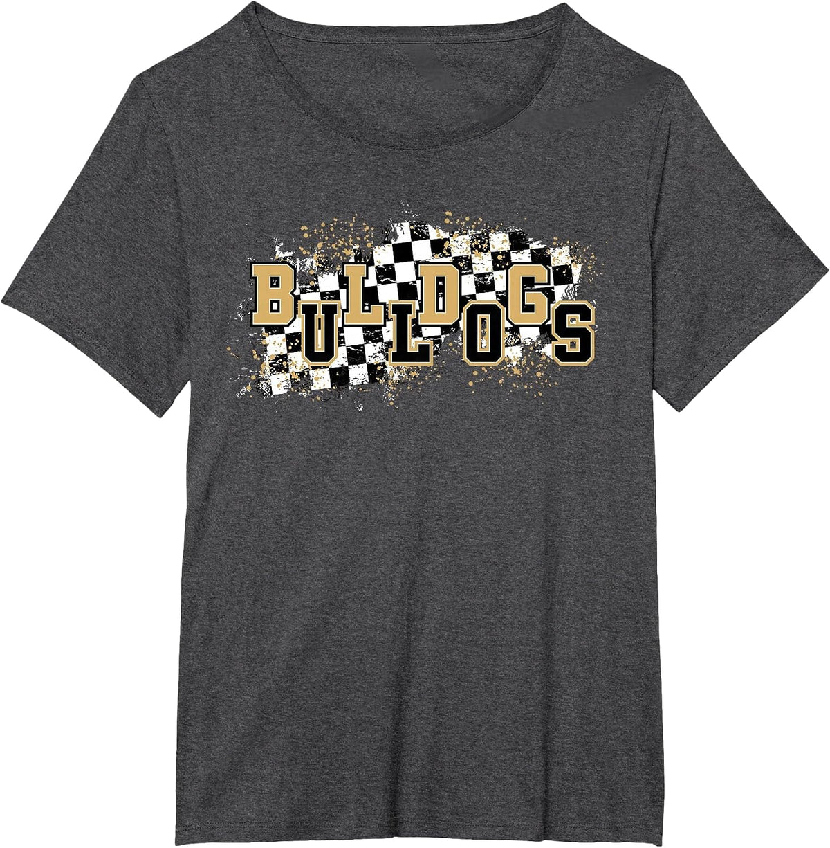 Bulldogs Checkered Print School Spirit Game Day Bulldog Gold T-Shirt - Dark Heather Grey