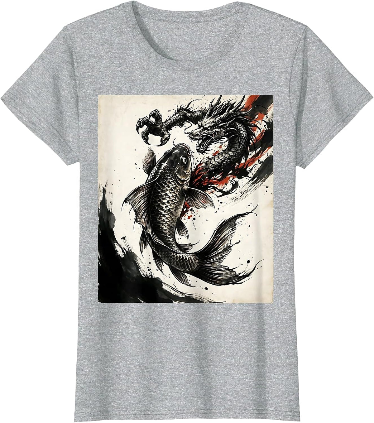 Koi Fish to Dragon Transformation Anime Art T-Shirt - Heather Grey