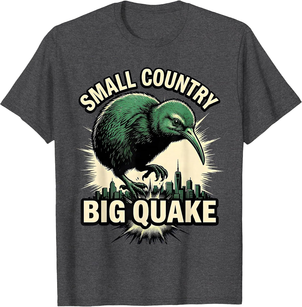 Small Country Big Quake Comic Book Kiwi Bird Rugby Fan T-Shirt - Dark Heather Grey