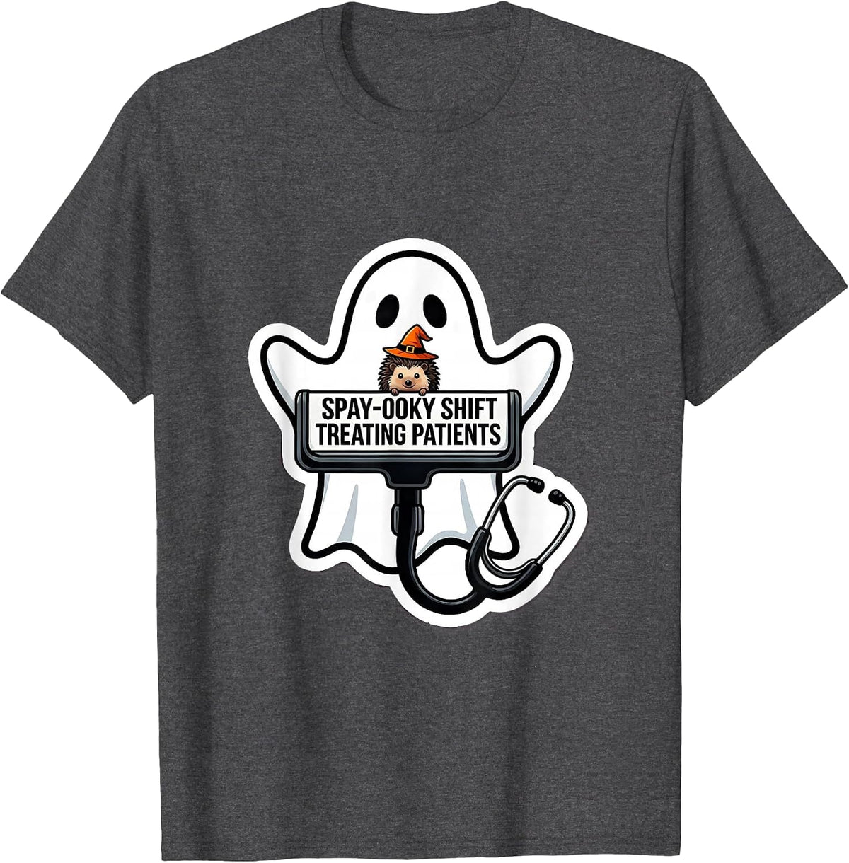 Men's Spay-ooky Shift Treating Patients Funny Vet Tech Halloween T-Shirt - Dark Heather Grey