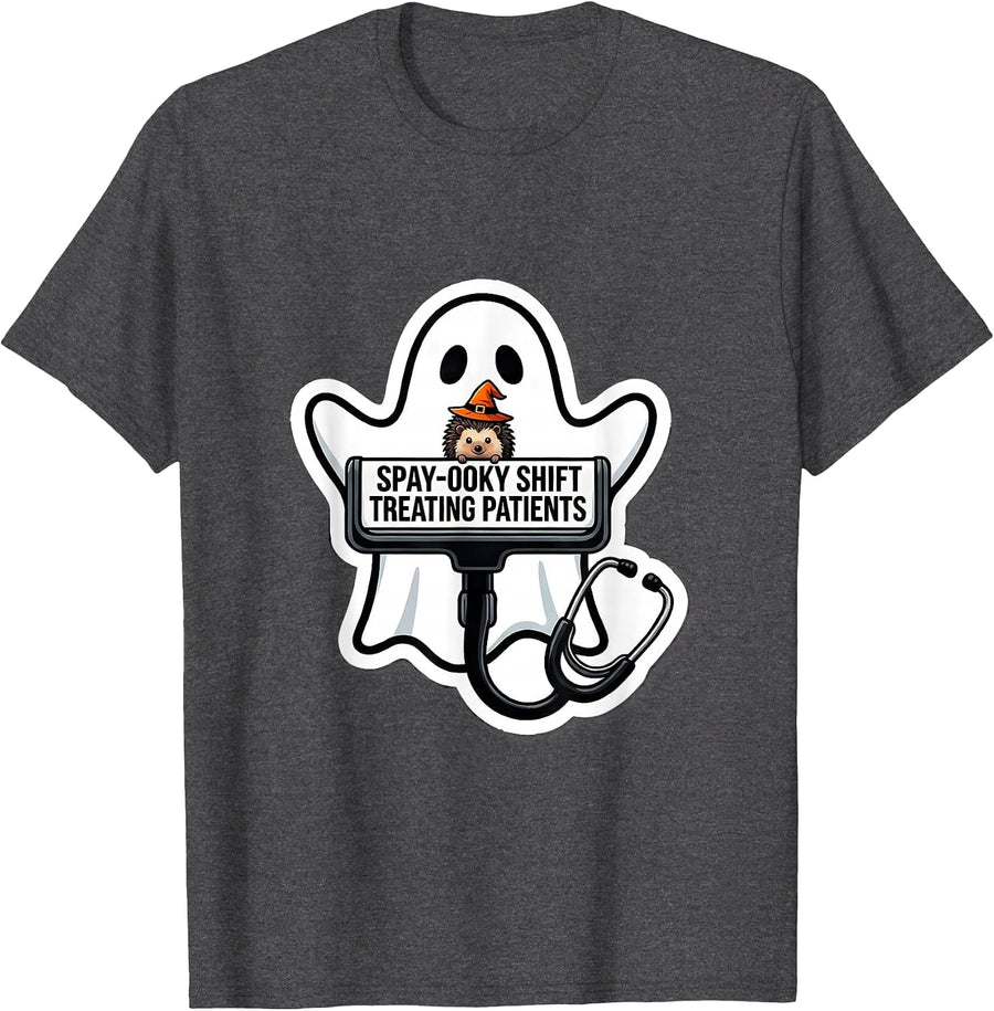 Men's Spay-ooky Shift Treating Patients Funny Vet Tech Halloween T-Shirt - Dark Heather Grey