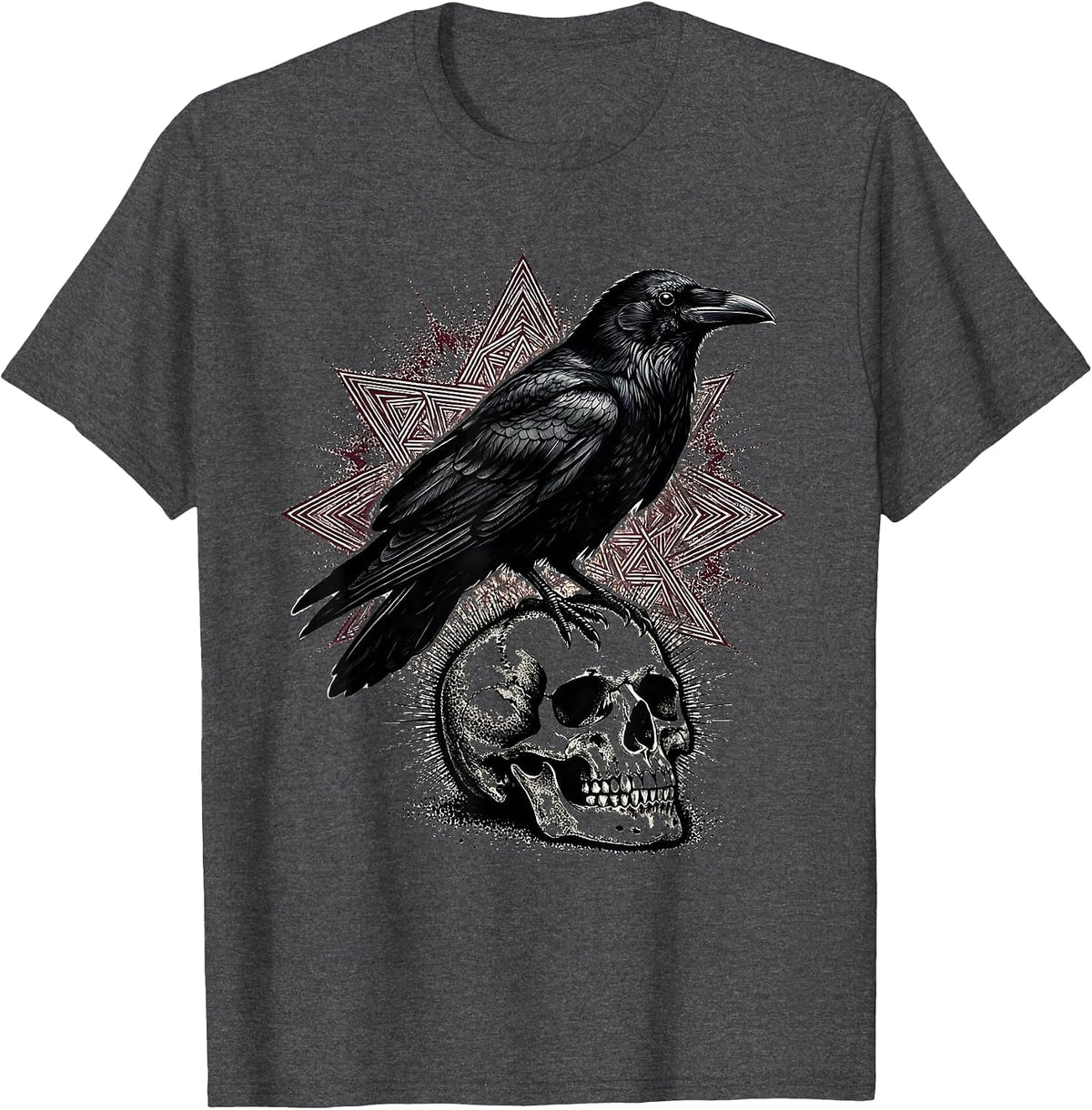 Men's Raven Perched on Mossy Skull Gothic Nature Art T-Shirt - Dark Heather Grey