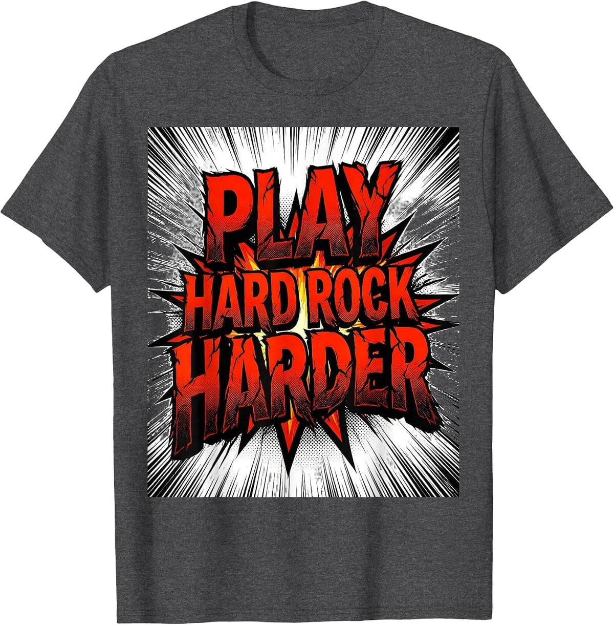 Play Hard Rock Harder Bold Band Graphic Design T-Shirt - Dark Heather Grey