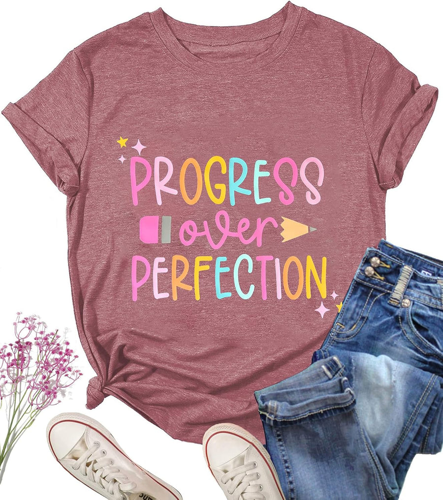 Teacher Shirts for Women Progress Over Perfection Teacher T-Shirt - Pink
