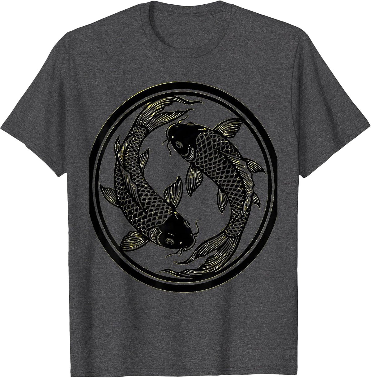 Men's Black and Yellow Koi Fish Pair Graphic Tee T-Shirt - Dark Heather Grey