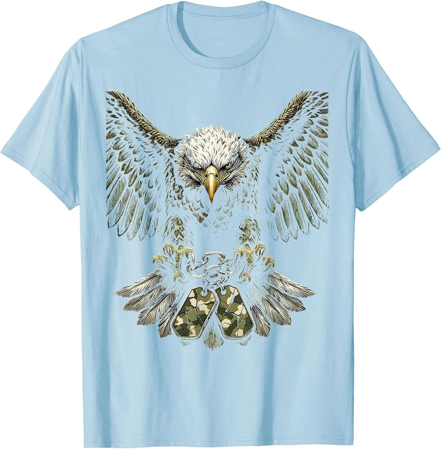 Men's Eagle Camo Dog Tags Patriotic Graphic Tee T-Shirt - Baby Blue
