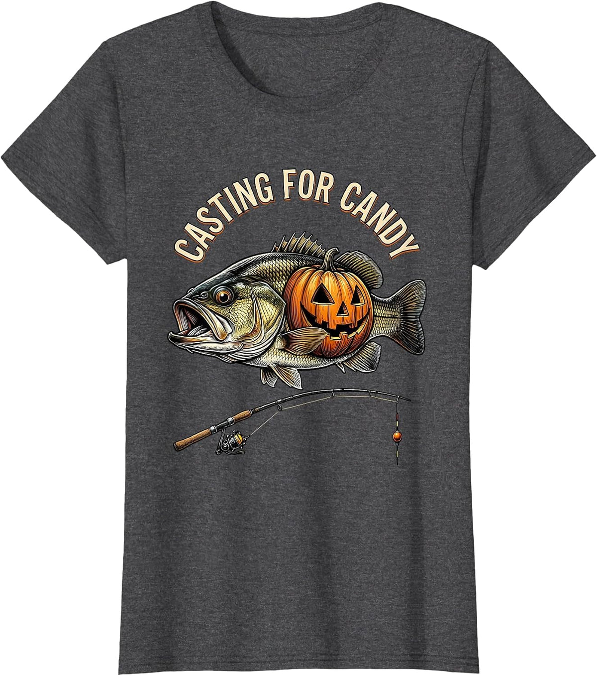 Women's Casting for Candy Funny Halloween Skeleton Fishing Bass T-Shirt - Dark Heather Grey