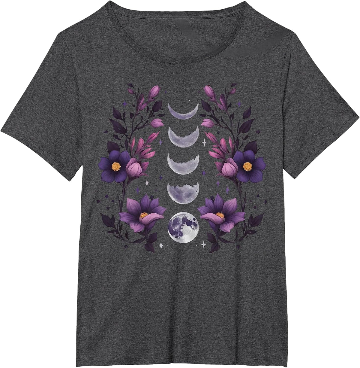 Celestial Moon Phase Boho Wildflowers Zodiac Witchcore T-Shirt - Dark Heather Grey