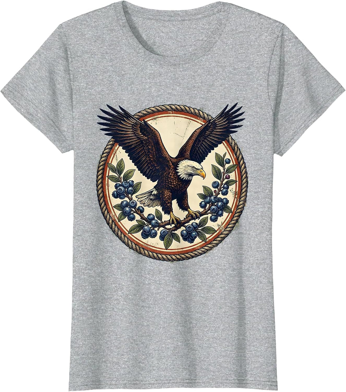 Women's Bald Eagle Blueberry Branch Patriotic Art T-Shirt - Heather Grey