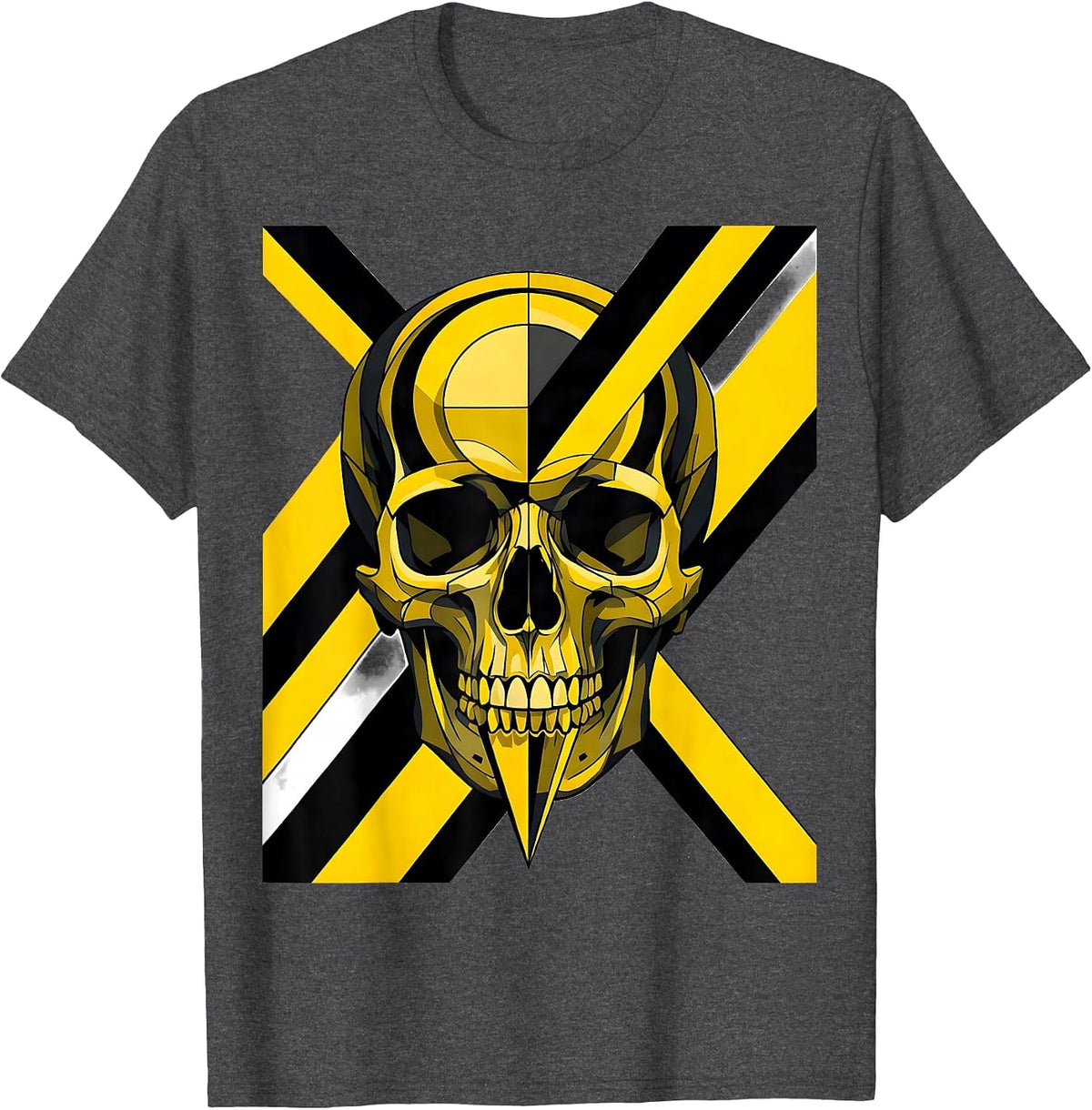 Black and Yellow Skull Construction Warning Tape T-Shirt - Dark Heather Grey