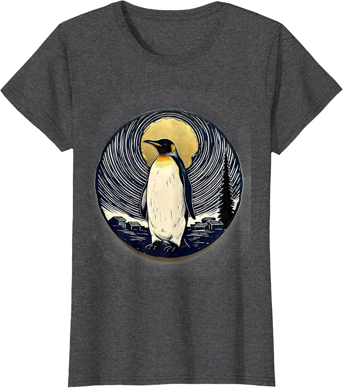 Women's Penguin Starry Night Van Gogh Art Parody Animal Lover T-Shirt - Dark Heather Grey