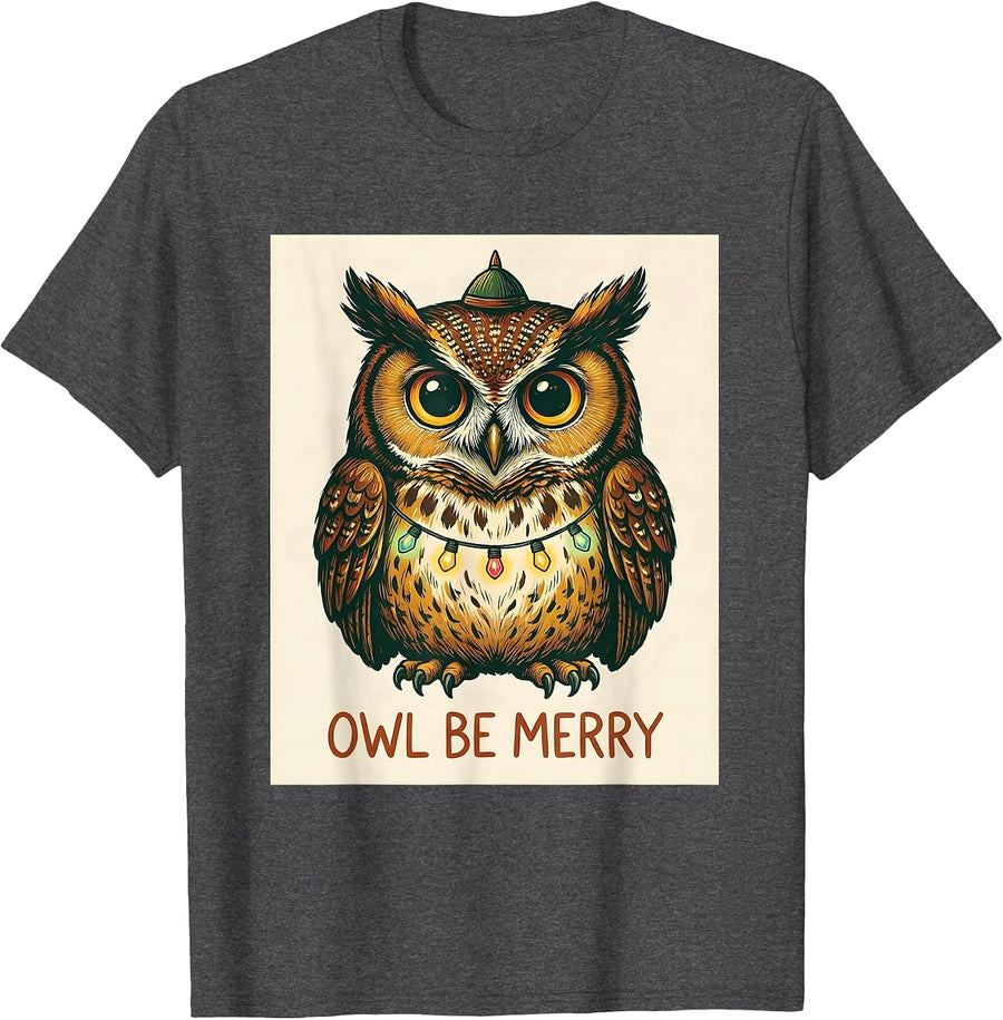 Men's Owl Be Merry Funny Owl Christmas Animal Lights Lover T-Shirt - Dark Heather Grey