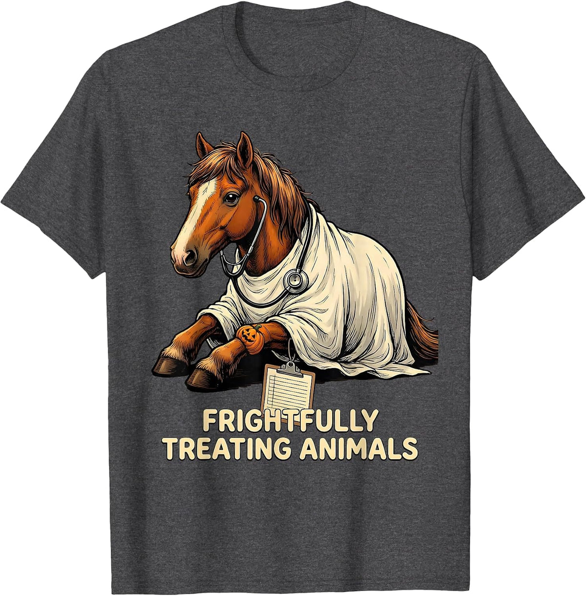 Men's Frightfully Treating Animals Funny Vet Tech Halloween T-Shirt - Dark Heather Grey
