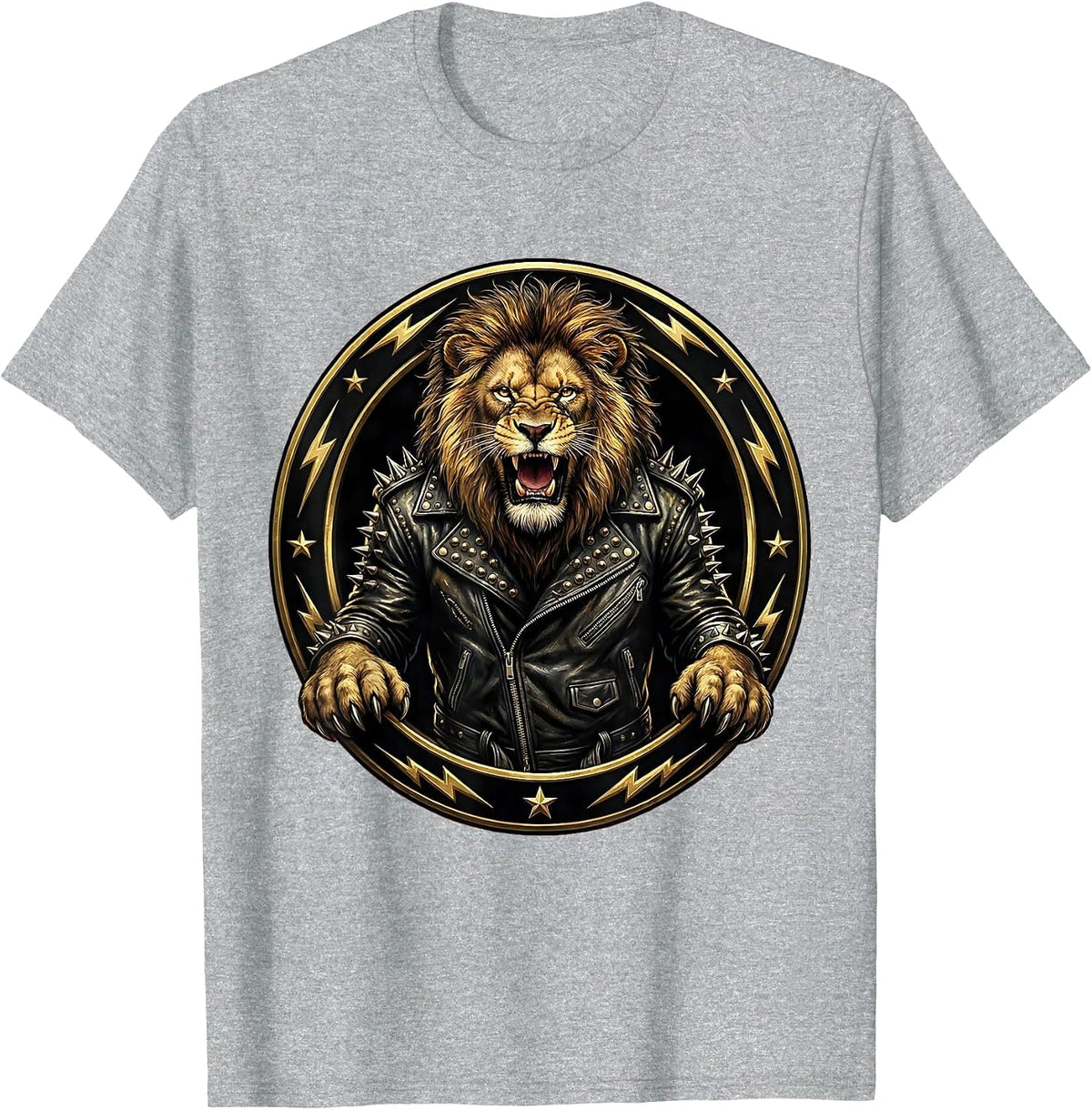Men's Roaring Lion Studded Leather Jacket Rock Design T-Shirt - Heather Grey