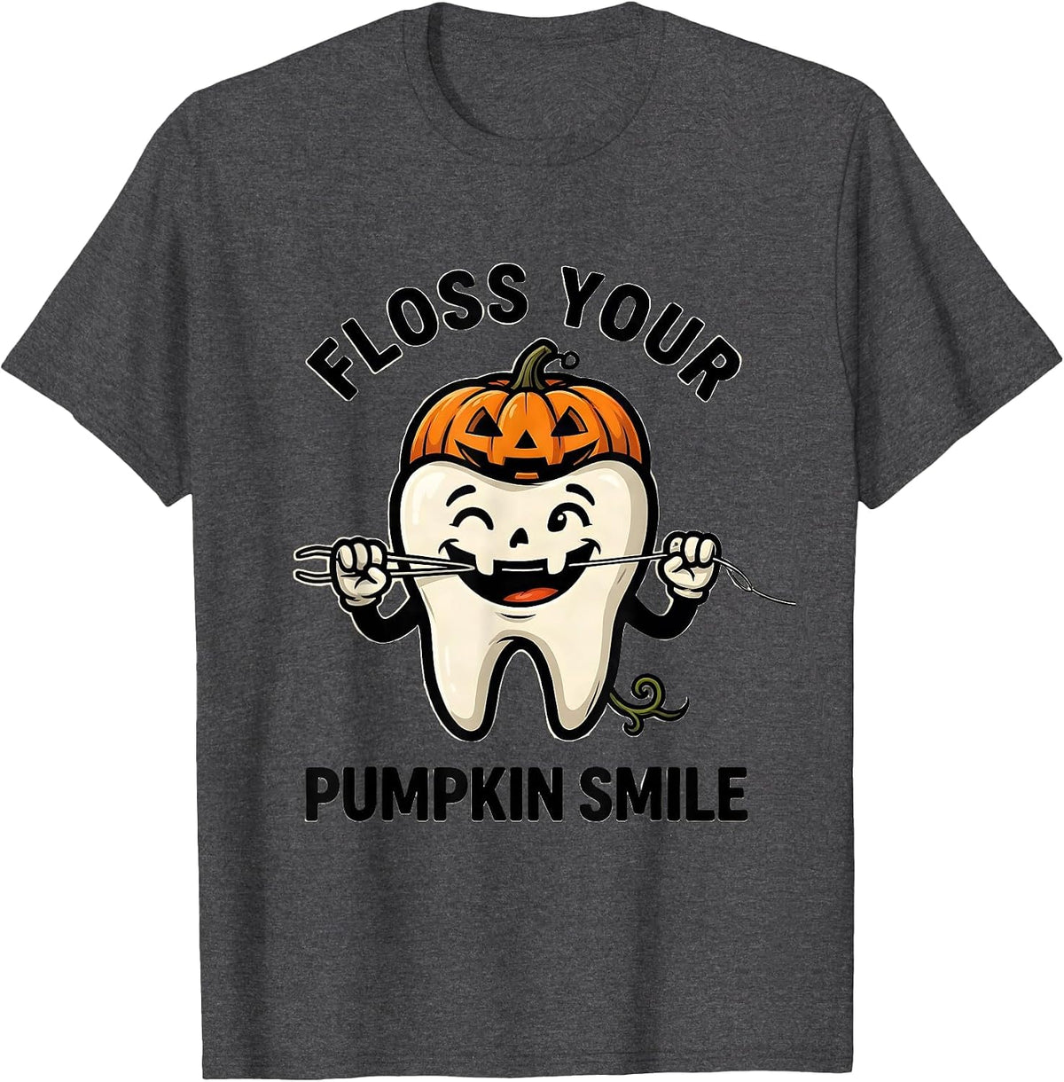 Floss Your Pumpkin Smile Cartoon Dental Hygienist Halloween T-Shirt - Dark Heather Grey