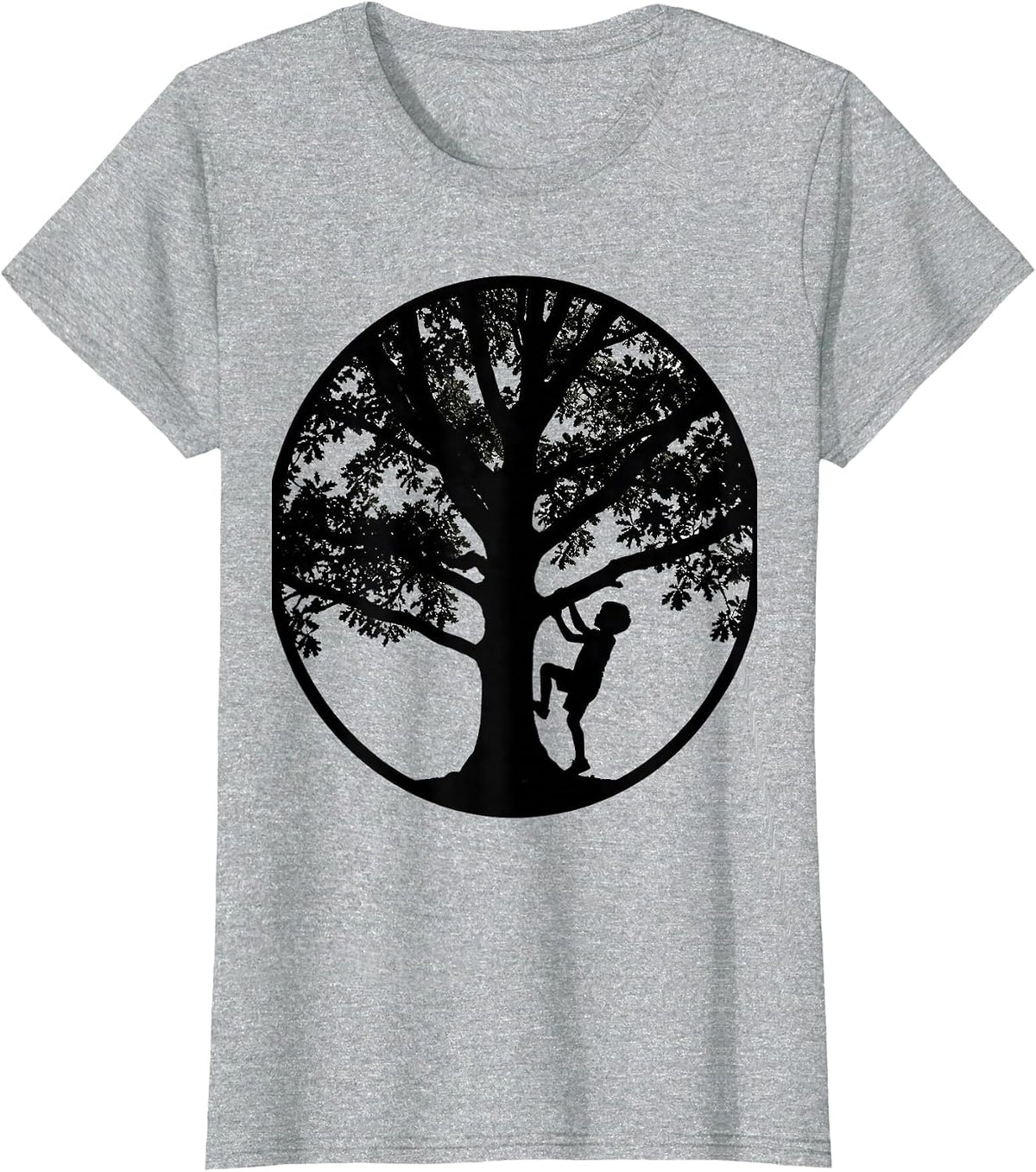 Young Boy Climbing Tall Oak Tree Illustration T-Shirt - Heather Grey