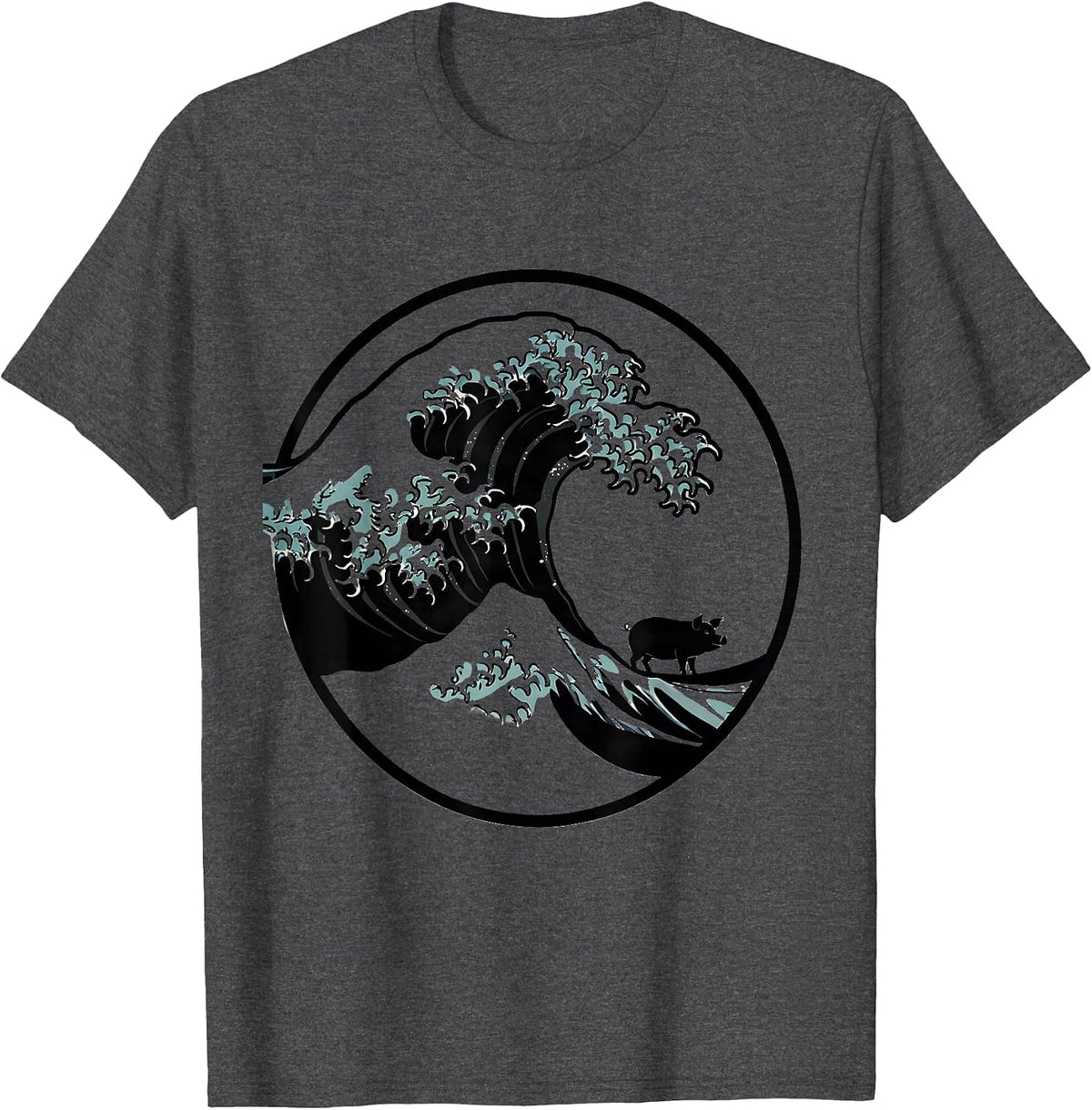 Great Wave Off Kanagawa Pig Silhouette Japanese Art Animal T-Shirt - Dark Heather Grey