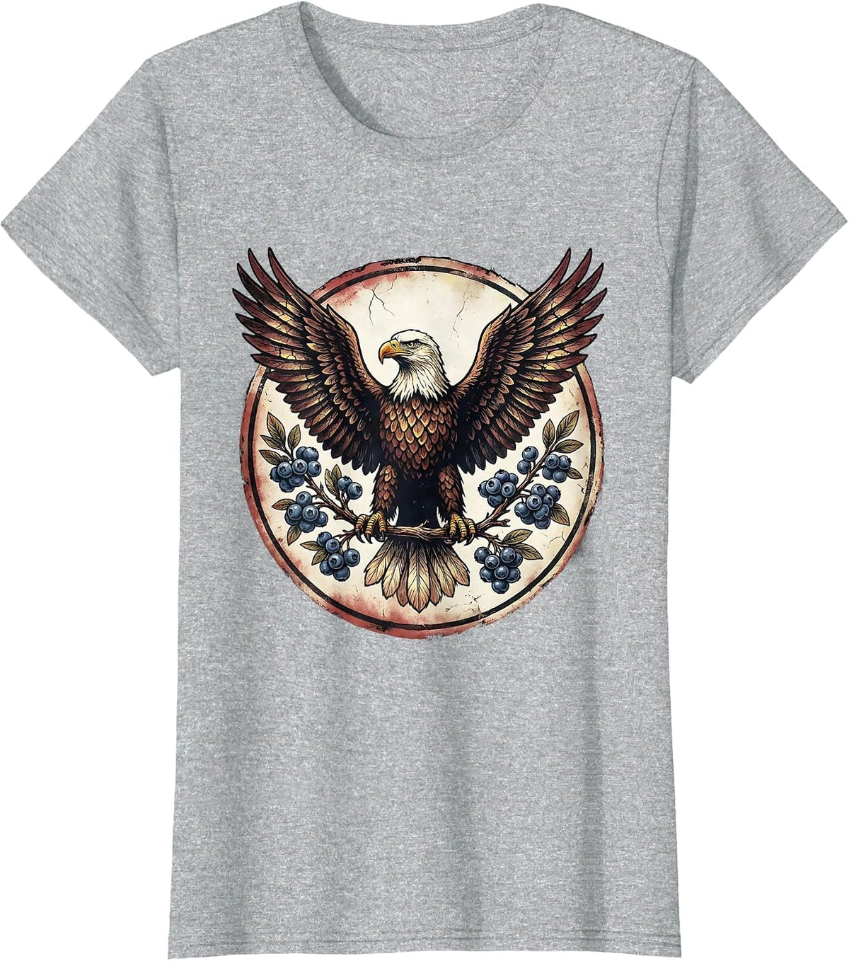Patriotic Eagle Blueberry Branch Illustration T-Shirt - Heather Grey