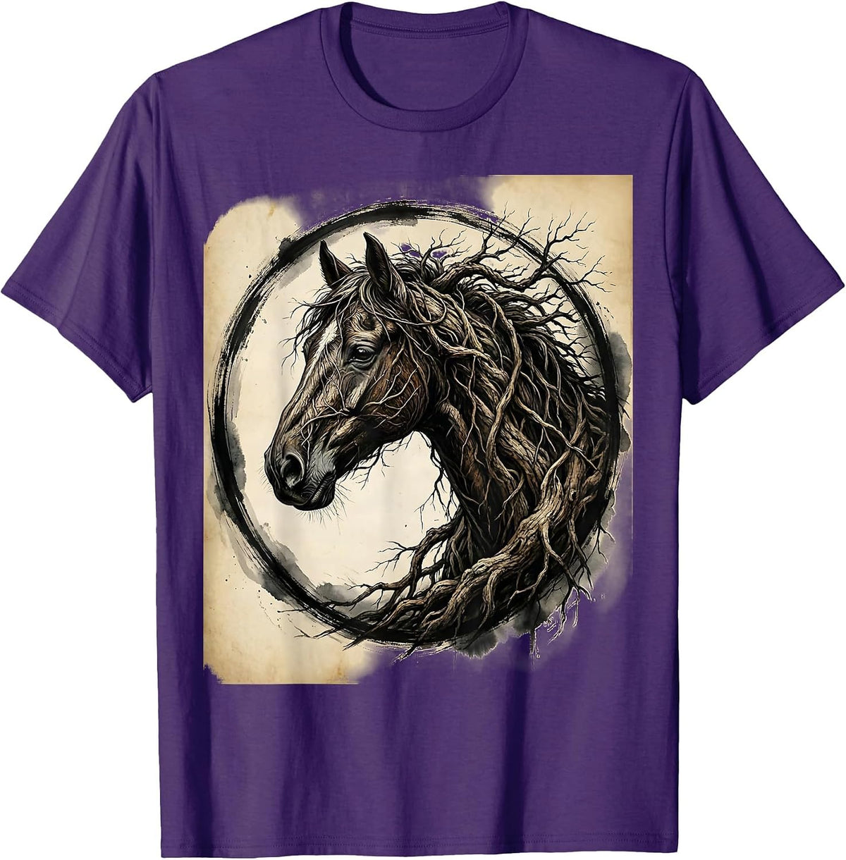 Men's Horse Profile Made of Tangled Tree Roots Art T-Shirt - Purple