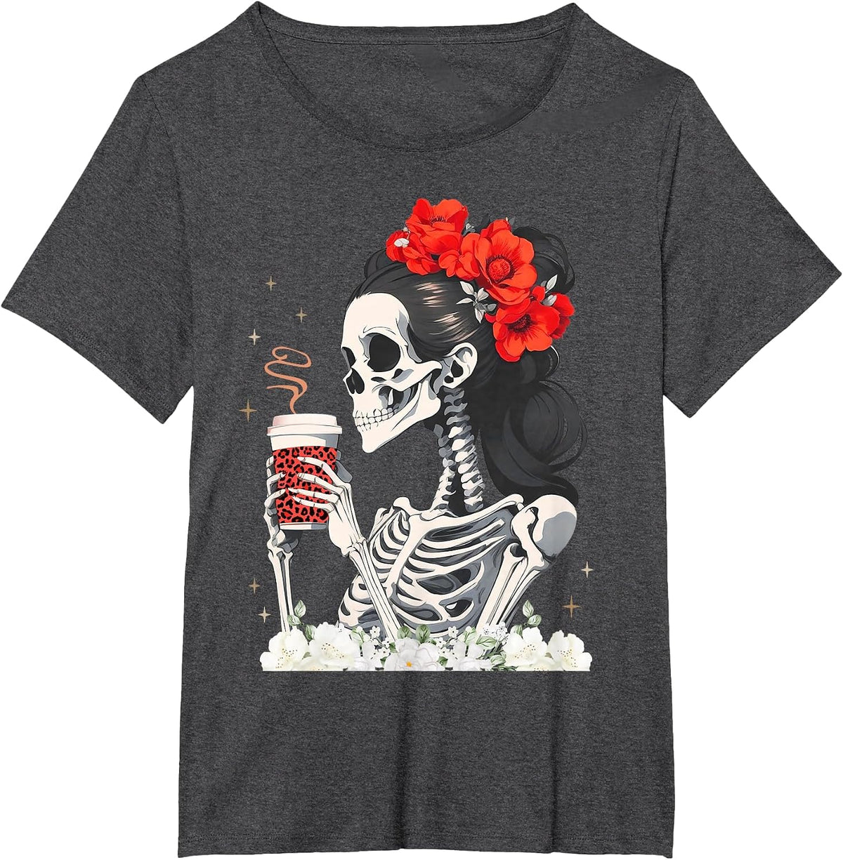 Skeleton Messy Bun Coffee Funny Costume Mom Women T-Shirt - Dark Heather Grey
