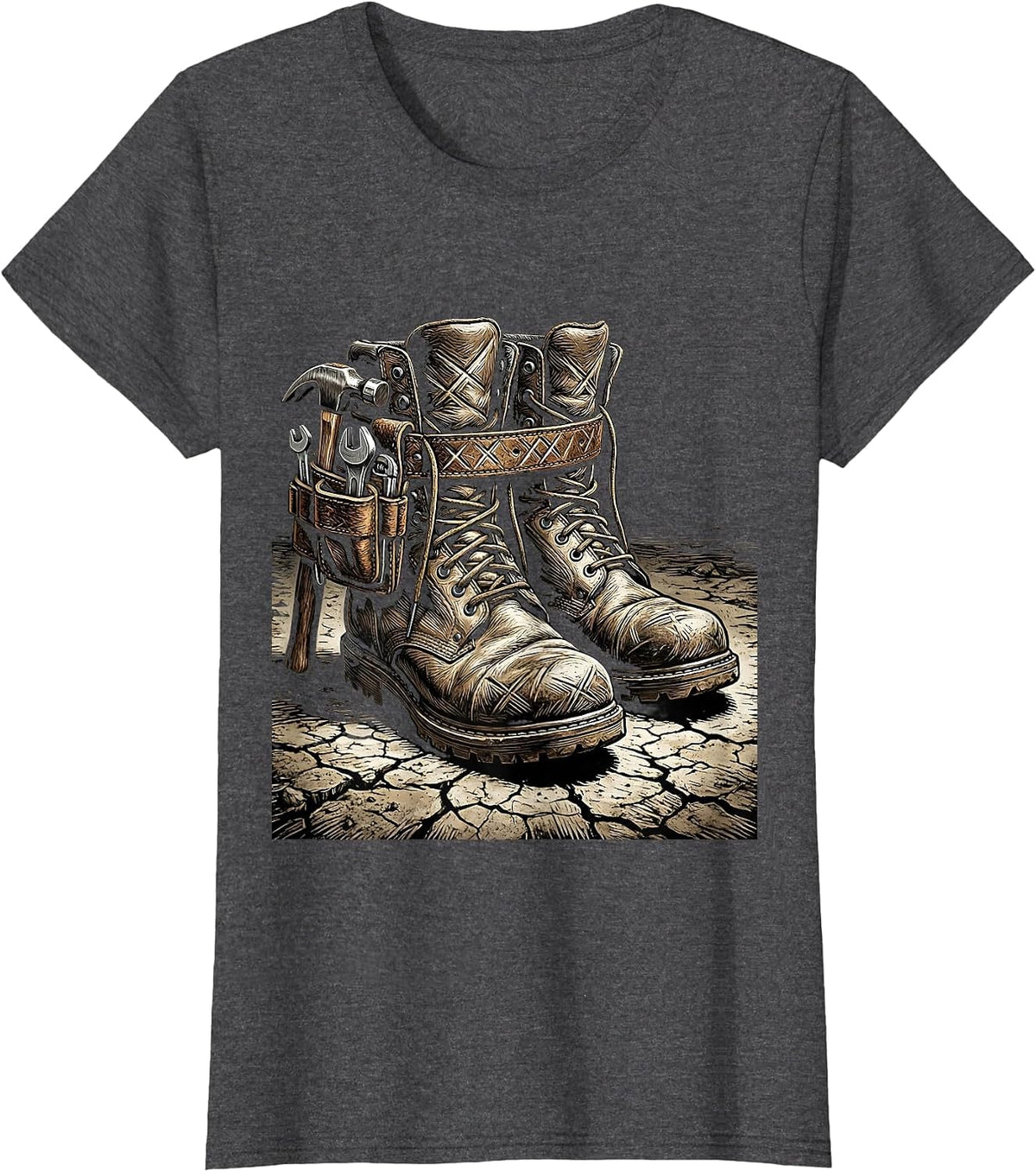 Women's Work Boots and Tool Belt Dusty Ground Illustration T-Shirt - Dark Heather Grey