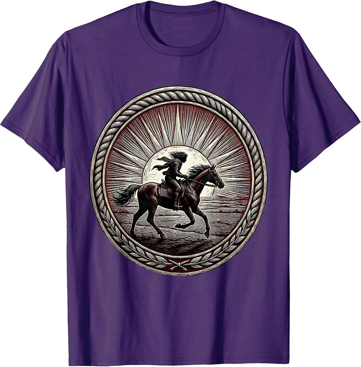 Red Freedom Lone Rider Horseback Sunset Design T-Shirt - Purple