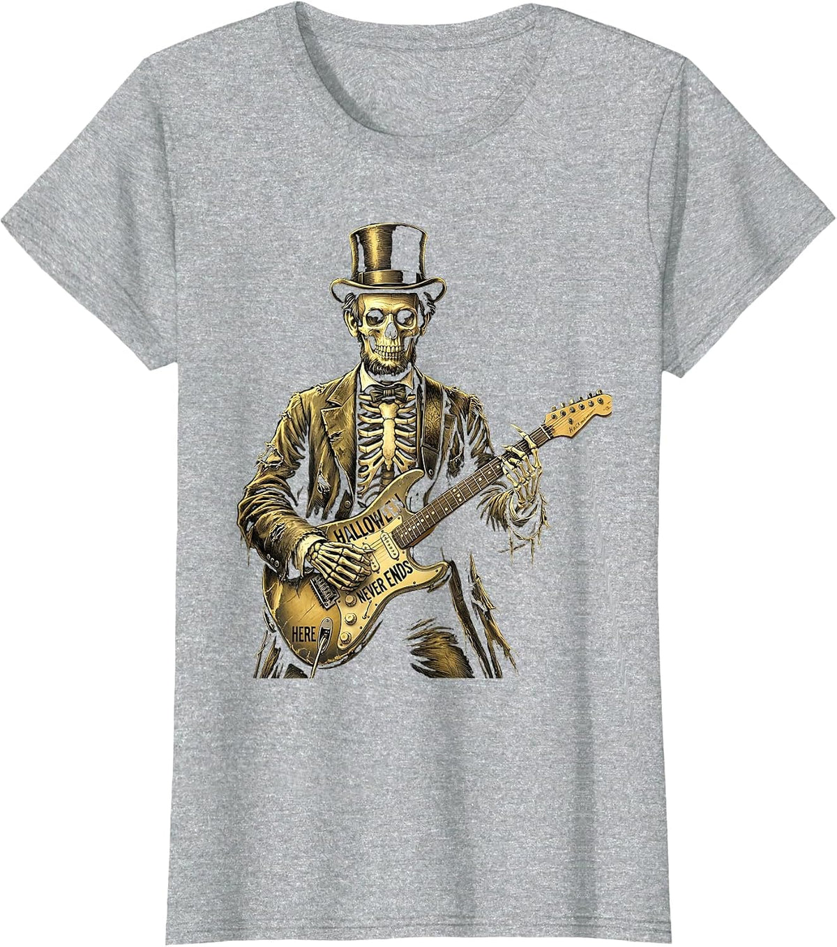 Skeleton Rock Band Halloween Never Ends Design T-Shirt - Heather Grey