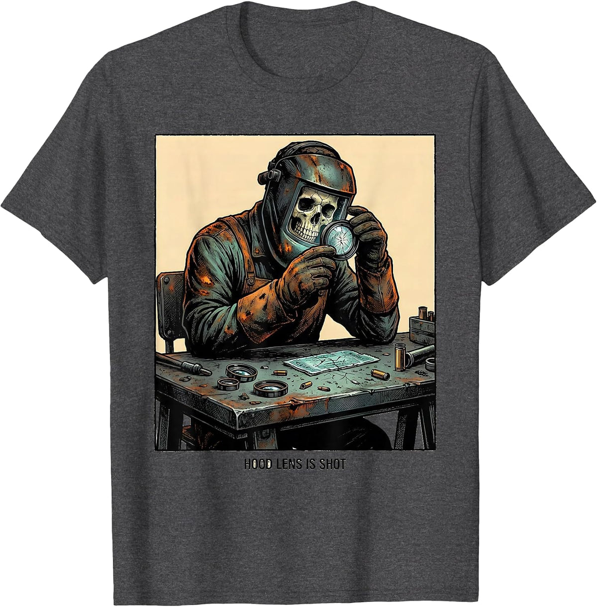 Hood Lens Is Shot Funny Welder Skeleton Tradesman Humor T-Shirt - Dark Heather Grey