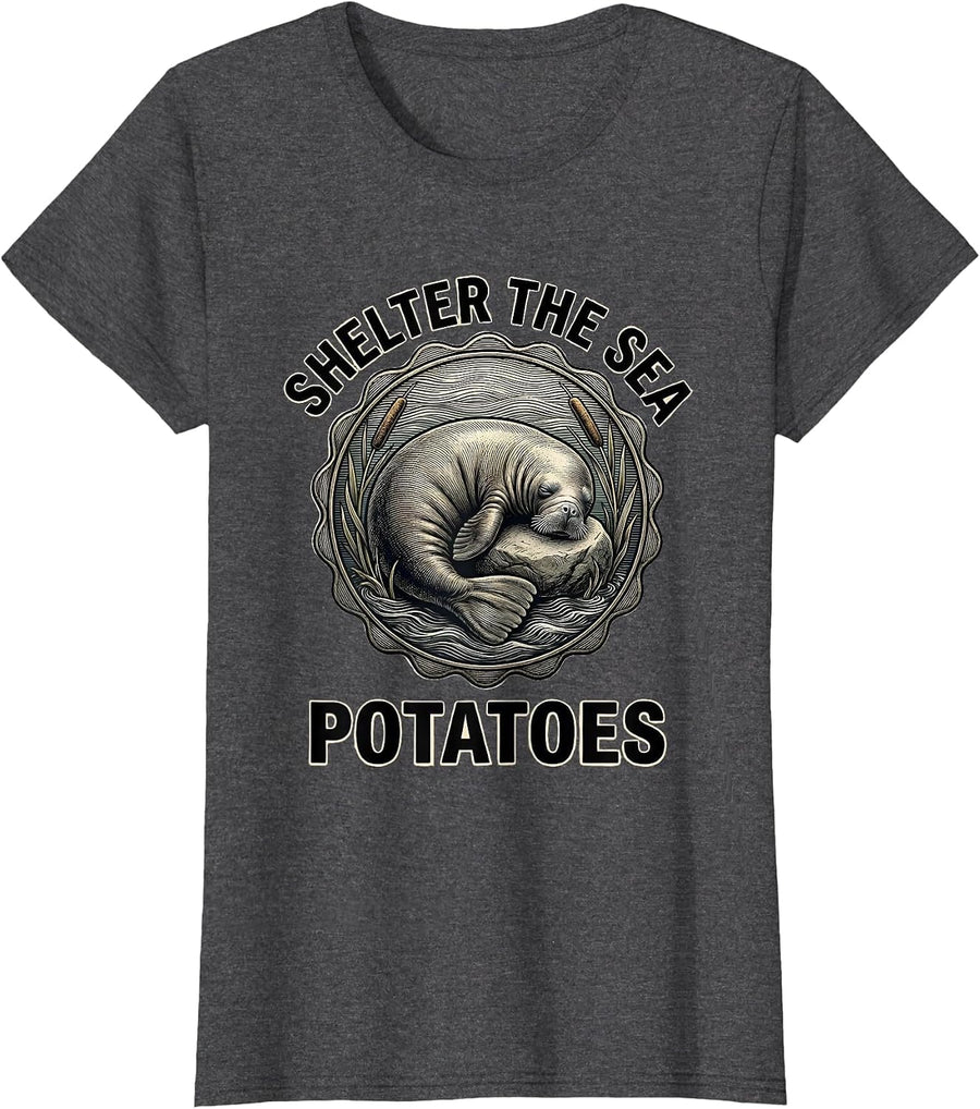 Women's Shelter The Sea Potatoes Funny Manatee Lover Crystal River T-Shirt - Dark Heather Grey