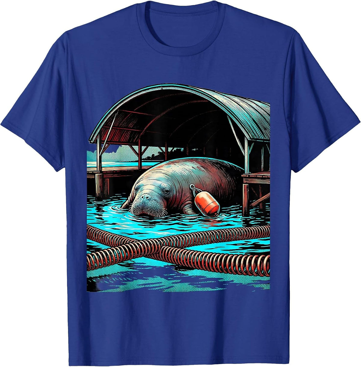 Manatee Under Dock Pop Art Manatee Lover Crystal River T-Shirt - Royal Blue